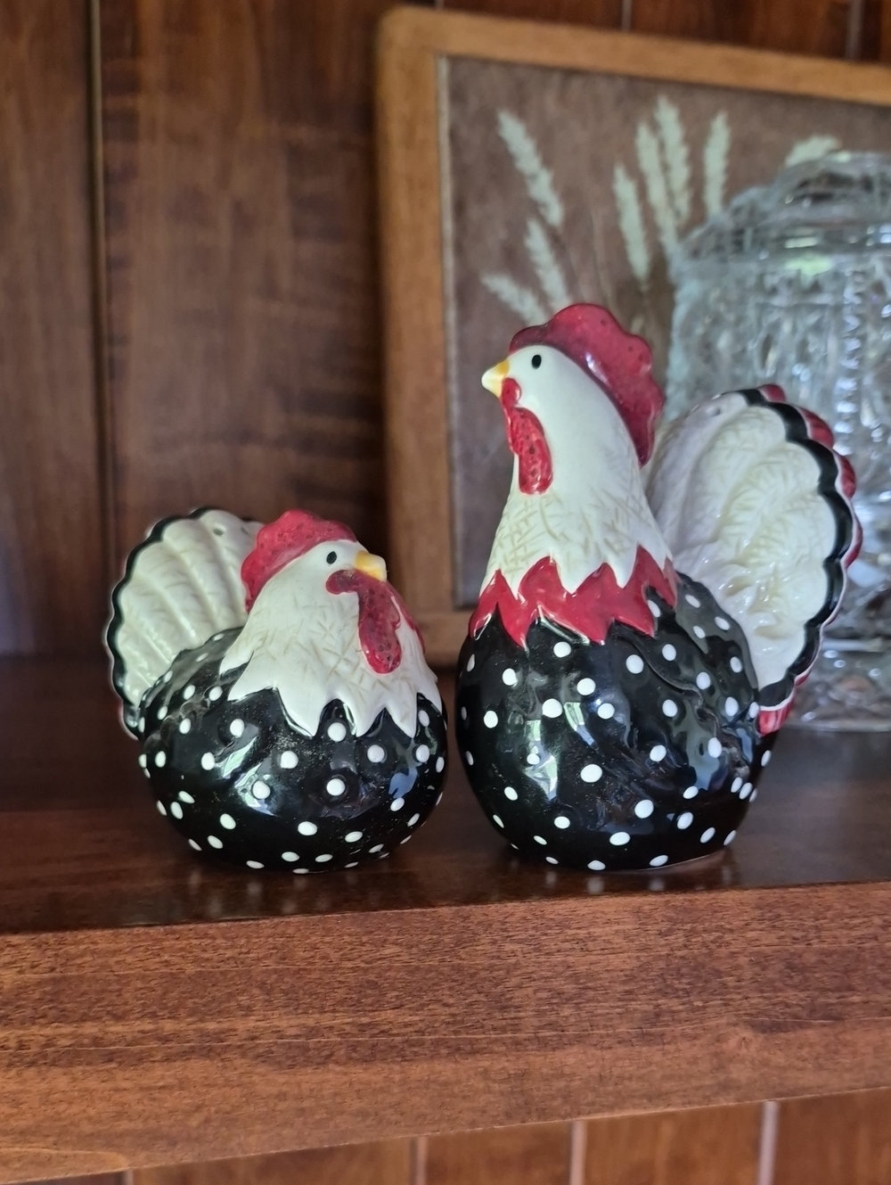 Polka Dot Ceramic Rooster Salt & Pepper Shakers - Black, White, Red